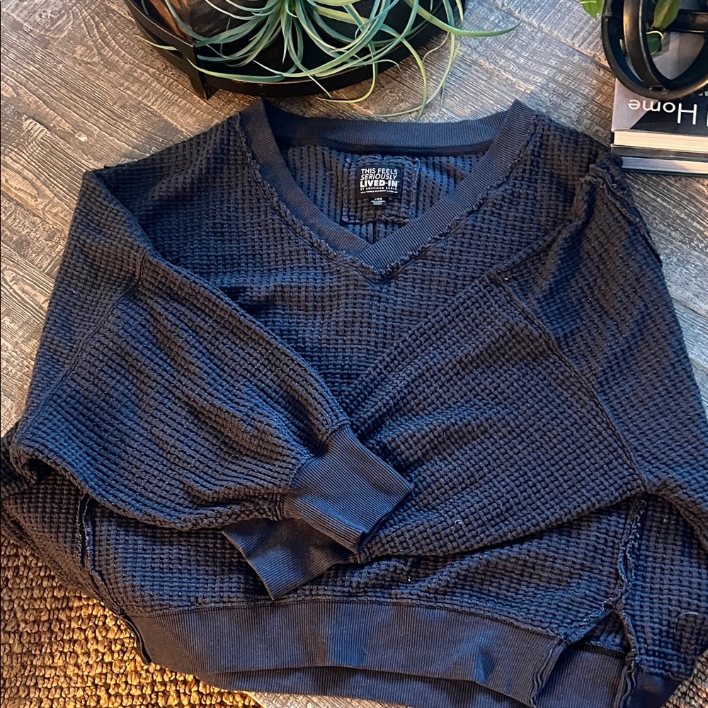 American Eagle Outfitters Textured Navy V-Neck Sweater